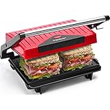 Kontaktgrill, Sandwichmaker, Panini Grill, Antihaftbeschichtete Platten, Cool-Touch-Griff, Grill toaster für Fettfreies Grillen, 750W, BPA-frei, Rot und Schw