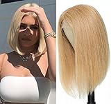 X-Tress Lange Blonde Perücke 13x4x1 Spitzenperücke Echthaar 40cm Lange Glatte Perücke Echthaar Perücke Blonde Echthaar Glatte Perücke 150% Dichte Perücke Damen Blonde Perücke Front Lace (40cm)