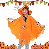 Wishstar Halloween kostüm Kinder,Fledermaus Umhang Kostüm mädchen,Fasching kostüme hexenkostüm Kürbis，Umhang Orange mit Hut für Halloween Cosplay Party ，Geeignet für Höhe 90-150