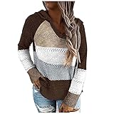 Damen Strickpullover V-Ausschnitt Übergangsjacke mit Einstellbar Kordel Sweatjacke Passt Strickpuli Farbblock Pullover Freizeit Elegant Bluse Teenager Mädchen Streetwear Kapuzenjack