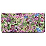 Spielteppich mit Straßen - Sweet City, 95x200 cm, Pflegeleicht, Fußbodenheizung Geeignet, Spielmatte, Rosa Auto-Kinderteppich für M