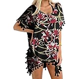 TYTUOO Übergröße Damen Badeanzug Cover Up Loose Trim Kaftan Chiffon Quasten Badeanzug Bikini Strand Cover Ups für Bademode, D-rot, 52