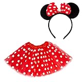 Oblique Unique® Damen Maus Mouse Kostüm Rot Weiß Schwarz mit Tutu Gepunktet + Haarreifen mit Maus Ohren und Schleife für Fasching Karneval Motto Party