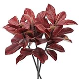 LIXIONG Magnolienblatt, künstliche Pflanze, Magnolienzweige und Blätter, Kunststoffpflanzen für Zuhause, Badezimmer, Küche, Büro, Hotel, Garten, Dekoration, Rot, 3 Stück