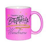 Crealuxe Glitzertasse (Pink) Happy Birthday (Wunschname) - Kaffeetasse, Bedruckte Tasse mit Sprüchen oder Bildern, Bürotasse,