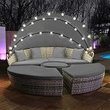 Swing & Harmonie Polyrattan Sonneninsel mit LED Beleuchtung + Solarmodul inklusive Abdeckcover Rattan Lounge Sunbed Liege Insel mit Regencover Sonnenliege Gartenliege (210cm, Grau)
