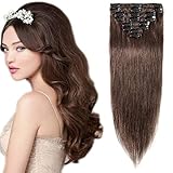 100% Remy Echthaar Clip in Extensions Haarverlängerung Echthaar 8 Tressen günstig Haarteil Human Haar dünn glatt Mittelbraun#4-1 24'(61cm)-80g