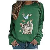 Masrin Mask Frauen Pullover lässig niedlich Tier Katze Schmetterling Druck Sweatshirt O-Ausschnitt Langarm Patchwork Tops T-Shirt Bluse(XXXL,Grün)