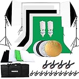 HAKUTATZ® Profi Fotostudio Greenscreen Set 4X Hintergrundstoff (schwarz, weiß, grün) Hintergrundsystem Studiosets 5-in-1 Reflektor Lampenstativ mit Stativ Softbox Foto Hintergrund S