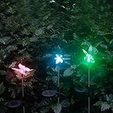 Solarleuchten Garten, 3Stk Farbwechsel Solarlampen für Außen , Libelle Kolibri Schmetterling Solar Stableuchten für Garten, Balkon und T