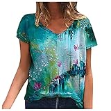 Vintage Drcuken Damen Oberteile Sommer Kurzarm Blusen T-Shirt V-Ausschnitte Loose Oversize Shirt Retro Blumen Drucken Frauen Bluse Tops Casual Bedruckt Asymmetrisch Oberteile Top Mode Tunika Top
