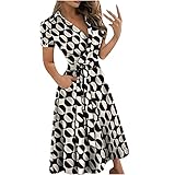 Damen Sommer V-Ausschnitt Kleid Elegantes Kurzarmkleid Einfarbig Mittellanges Kleid Lose Hohe Taille Verbandkleid Cocktail Einfachen Stil Partyk
