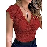 Mode ärmellose beiläufige schlanke Häkelspitze Damen Tops T-Shirt Bluse, weinrot, Einheitsgröß