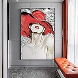 CXArtprint Modernes PosterGirl mit roter Lippe und Kappe drucken Bunte Schwarz-Weiß-Stil Wandkunst Bilder für Wohnzimmer Wohnkultur 40x60cm ohne R