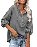 PLOKNRD Damen Oversized Sweatshirt Langarm Button Down Kapuzenpullover mit Kordelzug（Dunkelgrau,M