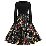 Vintage Weihnachtskleid Damen Langarm Weihnachten Lose Hohe Taille Hochzeit Urlaub Party Splice Maxi Kleider Elegant Weihnachten Cocktailkleid Weihnachtsfeier Kleider A-Linie Abend Party