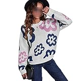 Herbst Und Winter Casual Fashion Damen Rundhalsausschnitt Blume Farbabstimmung Drop Shoulder Langarm Strickpullover Lose Hedging Bottoming Sweater Top D