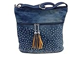 Süße Jeans Style Umhängetasche mit 2 Troddeln und kleinen Steinchen/Nieten - Glitzereffekt - Maße ohne Henkel 29x25x12 cm - Damen Mädchen Teenager Tasche - Used Look Style (blau)