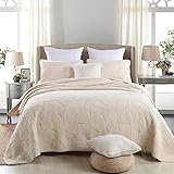 Unimall Tagesdecke Baumwolle Bettüberwurf Set Natur Pflanzen Muster Doppelbett 2x Kissenbezug Shabby Chic 230×250cm, Beig