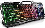 Gaming Tastatur, WisFox Bunte Rainbow LED Hintergrundbeleuchtete Gamer Keyboard, Ultra Sünn leise Ganzmetall USB Computertastatur mit Spritzwassergeschütztem Design für Windows PC Gamer-Schw