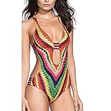 TYTUOO Damen Bandage Boho Gedruckt Tief V Ausschnitt Einteiler Bikini Push Up Gepolstert Bademode Badeanzug Bikini Set Badeanzug Gr. M, mehrfarbig