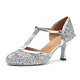 MINITOO Damen Latein Salsa T-Strap Silber Glitter Performance Tanzschuhe Hochzeitsschuhe EU 40