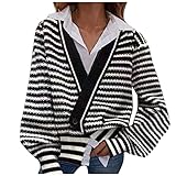 Streifen College Sweater Cardigan Damen V-Ausschnitt Tasten Strickjacke Casual Oversize Einfarbig Strickmantel Herbst Vintage Streetwear Knitwear Wintermantel Retro Stripe Strickpullover Jack