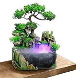 Ethedeal Zimmerbrunnen Harz Desktop-Brunnen mit Licht LED, Büro Desktop-Dekorationsbrunnen Wasserspiel Nebel Befeuchtung, für Zuhause, Büro, Schlafzimmer Dek