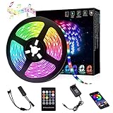 Bluetooth LED Strip 5M, RLBUNZ RGB LED Streifen Lichtband steuerbar via App, 5050SMD 150 Leds Bänder mit Fernbedienung, Sync mit Musik, 12V Selbstklebend LED Band für Schlafzimmer, Party, Haus Dek