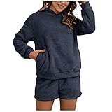 YJING Schlafanzug Für Damen 2-Set Pyjama Mit Lange Oberteile Und Hosen Polar Fleece Hausanzug Kuschelige Und Warmes Flanell Nachtwasche PjS Geschenke Für Frauen Winter Sleepwear(11-Dunkelblau,XL)