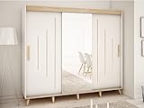 Kleiderschrank Schwebetürenschrank 3-türig Schrank mit zusätzlichen Stauraum+1 Tür mit Spiegel vielen Einlegeböden und Kleiderstange indrustial Style BxHxT:250,5x208x62-SKADI Y1 Weiß+Sonoma+B