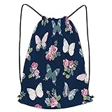 fudin Unisex Wasserdicht Kordelzug Rucksack nahtlose Tapete Vintage Rose Schmetterling auf Turnbeutel Sporttasche für Yoga Freien Schule Strand Schw