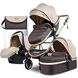 Kinderwagen 3 in 1 Komplettset inkl. Babywanne, Babyschale mit Fußsack, Buggy und Zubehör, Reise System mit Autositz, Kompakt Faltbarer Kombikinderwagen, Alu-Rahmen, Voll-Gummireifen (Khaki)