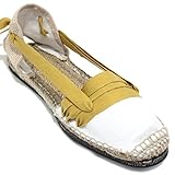 Traditionelle Espadrilles, flache Gummisohle, Design mit drei Pets, Senfgelb, Senf, 45 EU