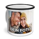 PhotoFancy – Emaille-Tasse mit Foto Bedrucken Lassen – Blechtasse Personalisieren – Nostalgie-Becher selbst gestalten (Groß [400 ml], weiß mit schwarzem Mundrand)