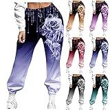 JIAYOUA Damen Freizeithose Blume Muster Gym Jogginghose Trainingshose Lang Slim Fit Trousers Streetwear Stoffhose mit Taschen Casual Locker Sport Sweathose für Jogging Laufen F