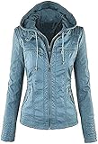 Seamido Lederjacke Damen Herbst Winter Motorrad Jacke Bomberjacke Bikerjacke mit Reißverschluss Kapuzen Übergangsjacke (Blau, L)