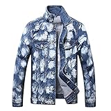 WOOGOD Herren Nostalgie Blau Jeansjacke Lose Stehkragen Übergangsjacke Sweatjacke Destroyed Jacke Herbst Outwear Tasche Jacken Ob