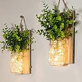 Mason Jar Licht,（2 Stück）, flur deko anddekoration, Grüne gefälschte Pflanze, Lichterkette im Glas, Wohnzimmer Holz-Dekoration mit, Glas Warmweiß Garten Hängeleuchten für Außen (Grüne Pflanzen)