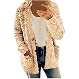 MRULIC Damen Strickjacke Mantel Langarm Einfarbig GroßE GrößEn PlüSch Pullover Taschen Oberbekleidung KnöPfe Mantel Frauen Herbst Winter Langarmshirts Pullover Outwear(Khaki,M)