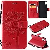 Artfeel Flip Brieftasche Hülle für iPhone XS Max, iPhone XS Max PU Leder Rot Hülle Geprägt Baum Schmetterling Blume Muster,Bookstyle mit Kartenfächer Magnetisch Stand Handyhü