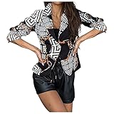 Komiseup Blazer Damen Vintage Bedruckter Anzugkragen EIN Knopf Langarm Kurzes Anzugoberteil Slim Fit Revers Geschäft Büro Jacke Lang Sakko Mantel Elegant Anzugjack