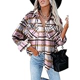 EMPERSTAR Damen Hemdjacke Kariertes Langarmhemd Bluse Mantel Flanelljacke Rosa+L