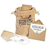 Geschenkepost Postsack mit 12 Briefumschlägen für Geldgeschenk oder Gutscheine, ein Beutel bedruckt aus Jute, 12 Umschläge aus Kraftpapier, inkl. 12