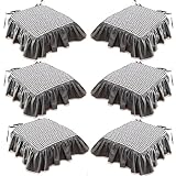 HGTRH Stuhlkissen mit Bindeband 6er Set, Sitzkissen Vintage Landhaus,45x45 Waschbar mit RüSche Baumwolle rutschfest Weiches für Gemütliches Küche oder Esszimmerstuhl Sitzauflage Black