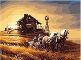 Dorara DIY Ölgemälde für Erwachsene Kinder malen nach Zahl Kit Digital Ölgemälde Pferd bedeckt Wagon Ernte Terry Redlin 16x20 Z