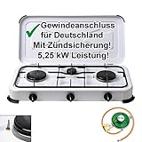 CAGO Camping Gas-Kocher 3-flammig mit Zündsicherung 50 mbar Weiss inkl. Gasschlauch 100cm und Gasdruckregler 50mb