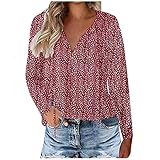 Bluse Damen Langarm hemdbluse Business Hemd Herbst Bluse V-Ausschnitt Langarmshirt Oberteile Casual Blumen Tunika Tops Übergröße Tuniken Shirt T-Shirt Floral Knopfleiste Henley Bluse Locker Tunik