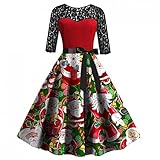 Vintage Weihnachtskleid Damen Elegant Langarm Weihnachten Lose Hohe Taille Maxi Kleider A-Linie Abend Cocktailkleid Weihnachtsfeier Hochzeit Urlaub Party Sp