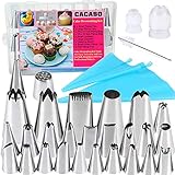 32Pcs Silikon Zuckerguss Piping Bag Tips,2×Wiederverwendbare Piping Bag,25×Edelstahl Düse Piping Tips,2×Converter für Kuchen dekorieren,1xBürste,1x kleine Gras dekorieren Mund,1x Puff dekorieren M